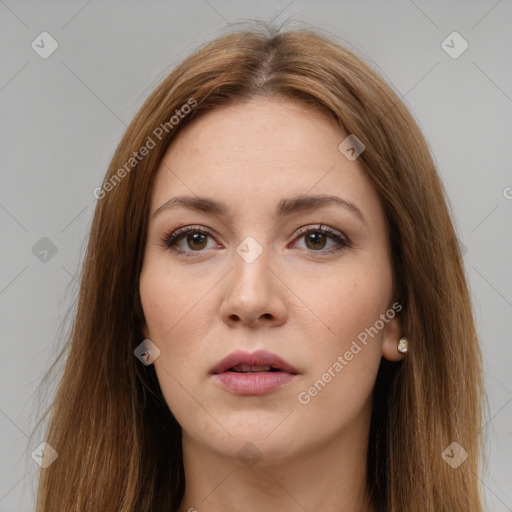 Neutral white young-adult female with long  brown hair and brown eyes