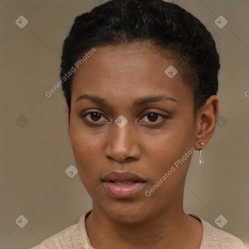 Neutral black young-adult female with short  black hair and brown eyes