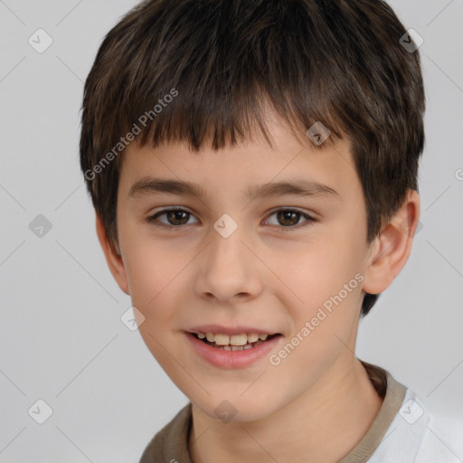 Joyful white child male with short  brown hair and brown eyes