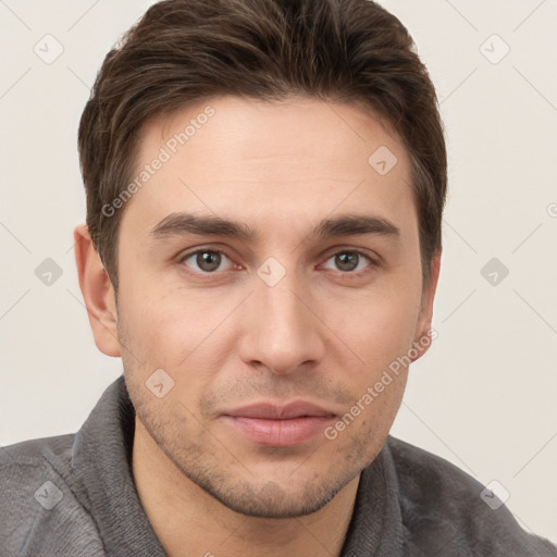 Neutral white young-adult male with short  brown hair and brown eyes