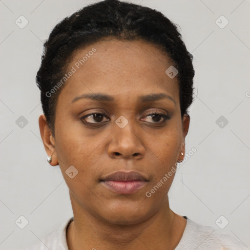 Neutral black young-adult female with short  black hair and brown eyes