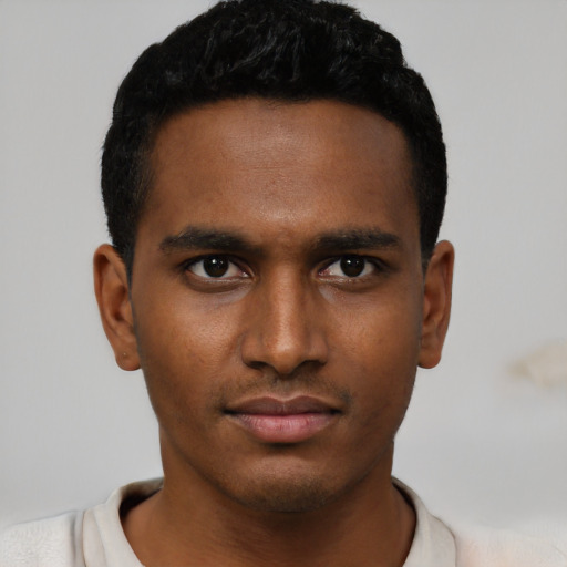 Neutral black young-adult male with short  black hair and brown eyes