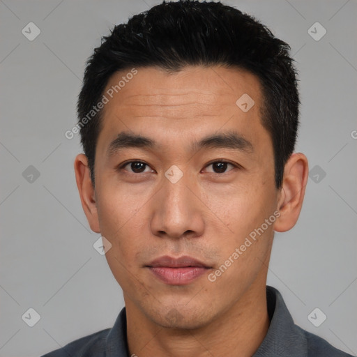 Neutral asian young-adult male with short  black hair and brown eyes