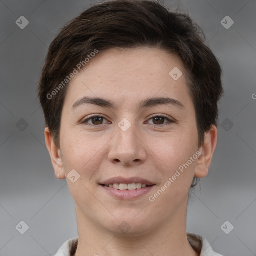 Joyful white young-adult female with short  brown hair and brown eyes