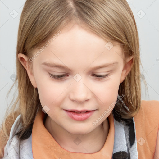 Joyful white child female with medium  brown hair and brown eyes