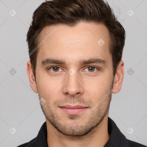 Neutral white young-adult male with short  brown hair and brown eyes