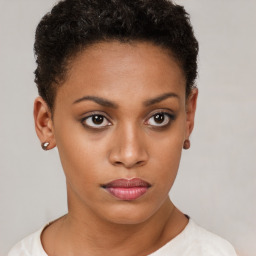 Neutral black young-adult female with short  brown hair and brown eyes