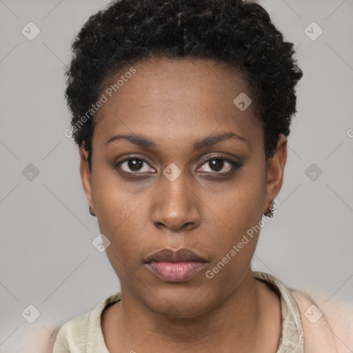 Neutral black young-adult female with short  black hair and brown eyes