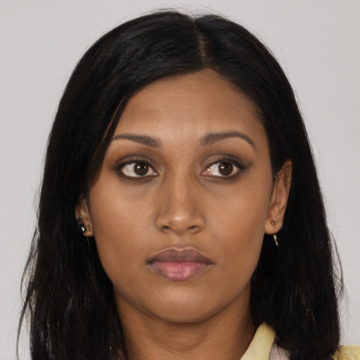 Neutral asian young-adult female with long  black hair and brown eyes