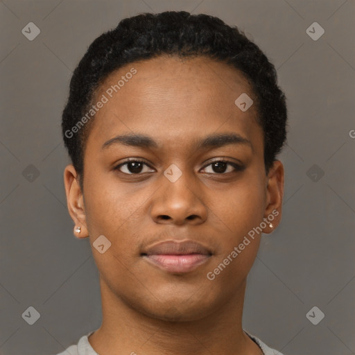 Joyful black young-adult male with short  brown hair and brown eyes