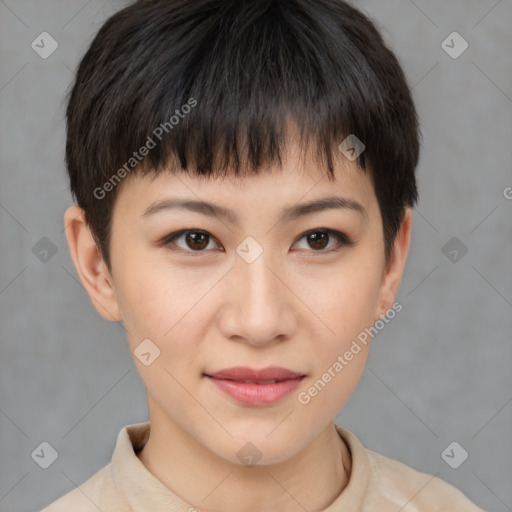 Joyful asian young-adult female with short  brown hair and brown eyes