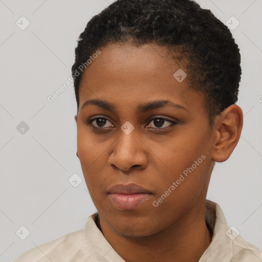 Neutral black young-adult female with short  black hair and brown eyes
