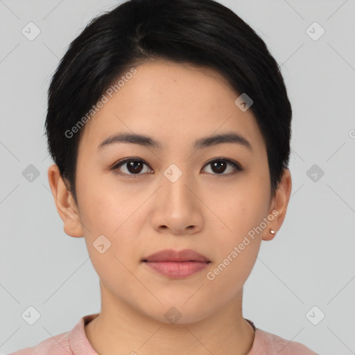 Neutral asian young-adult female with short  black hair and brown eyes