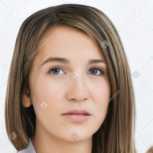 Neutral white young-adult female with long  brown hair and brown eyes