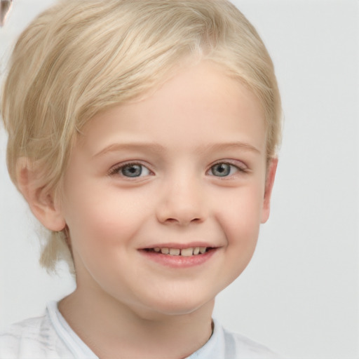 Joyful white child female with medium  blond hair and grey eyes