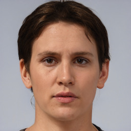 Neutral white young-adult female with short  brown hair and brown eyes