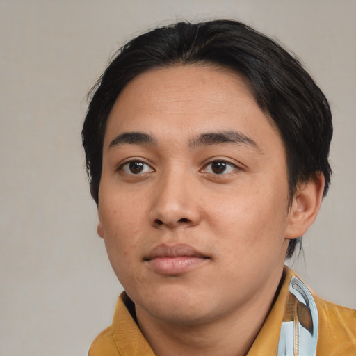 Neutral white young-adult male with medium  black hair and brown eyes