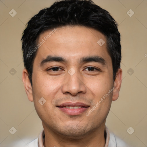 Joyful asian young-adult male with short  black hair and brown eyes