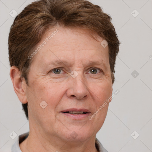 Joyful white middle-aged female with short  brown hair and brown eyes