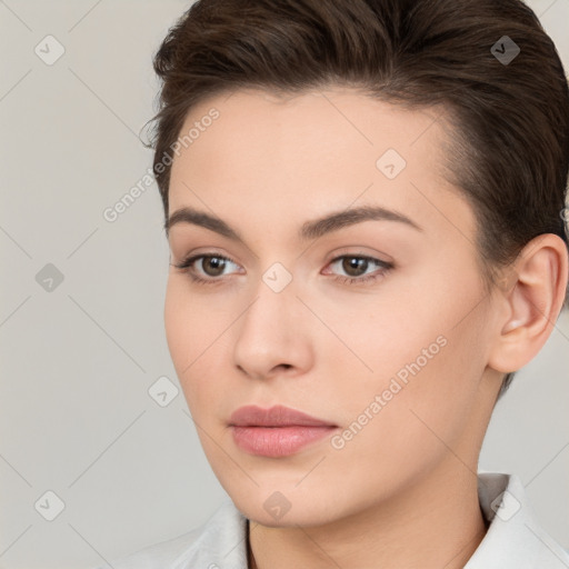 Neutral white young-adult female with short  brown hair and brown eyes