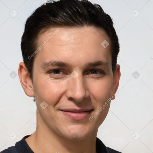 Joyful white young-adult male with short  brown hair and brown eyes