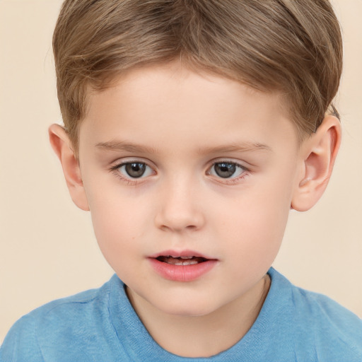 Joyful white child male with short  brown hair and grey eyes