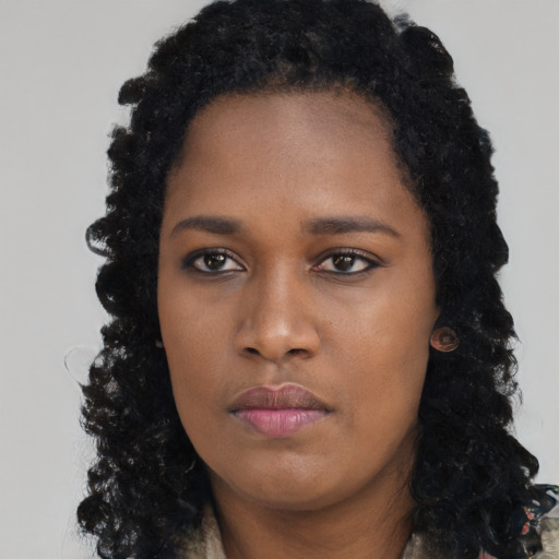Neutral black young-adult female with long  black hair and brown eyes