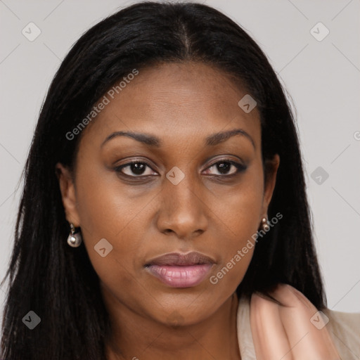 Joyful black young-adult female with long  brown hair and brown eyes