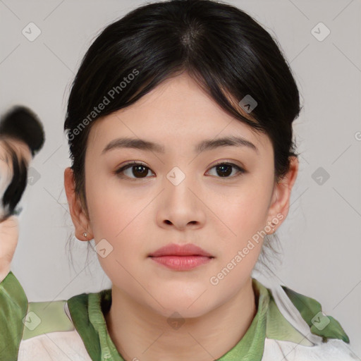 Neutral asian young-adult female with medium  brown hair and brown eyes