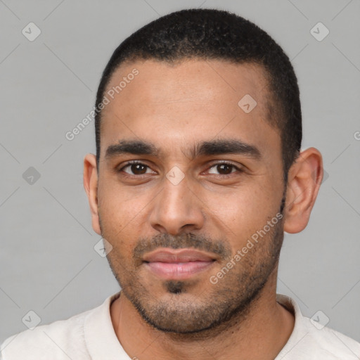 Neutral black young-adult male with short  black hair and brown eyes