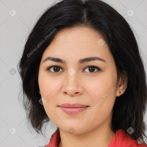 Joyful asian young-adult female with long  brown hair and brown eyes