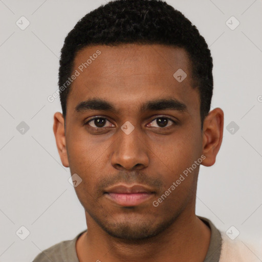 Neutral black young-adult male with short  black hair and brown eyes