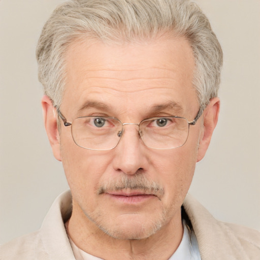 Neutral white middle-aged male with short  gray hair and blue eyes