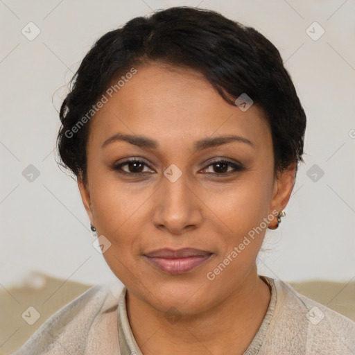 Joyful latino young-adult female with short  brown hair and brown eyes