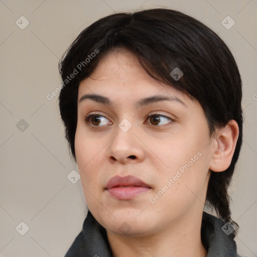 Neutral asian young-adult female with medium  brown hair and brown eyes