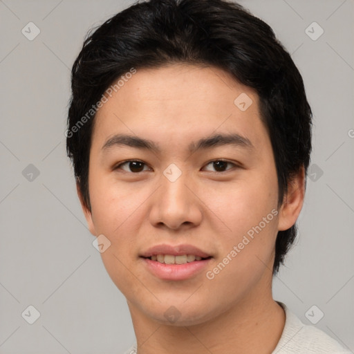 Joyful asian young-adult male with short  black hair and brown eyes