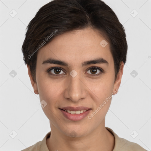 Joyful white young-adult female with short  brown hair and brown eyes