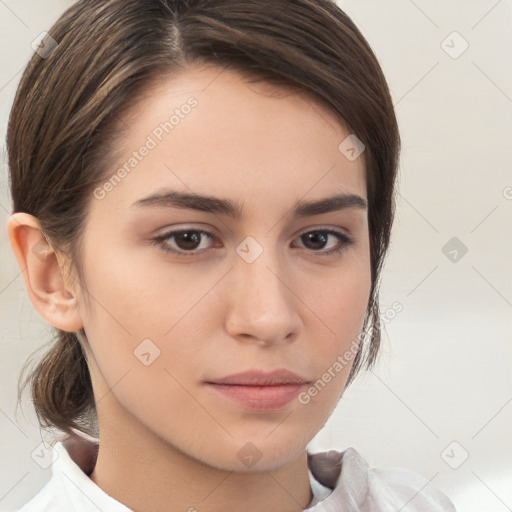 Neutral white young-adult female with medium  brown hair and brown eyes