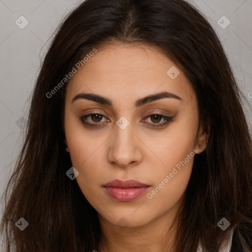 Neutral white young-adult female with long  brown hair and brown eyes