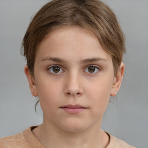 Neutral white child female with short  brown hair and grey eyes