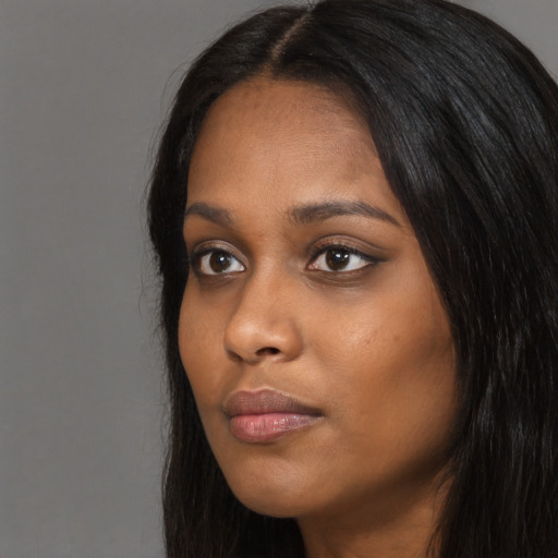 Neutral asian young-adult female with long  black hair and brown eyes