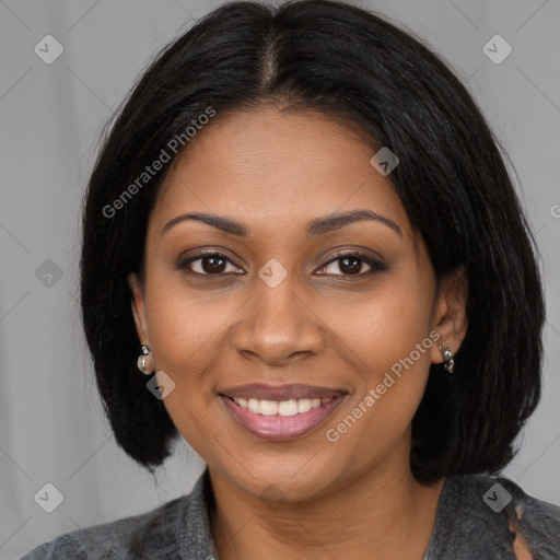 Joyful black young-adult female with medium  brown hair and brown eyes