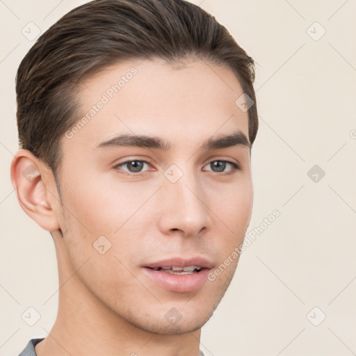 Neutral white young-adult male with short  brown hair and brown eyes