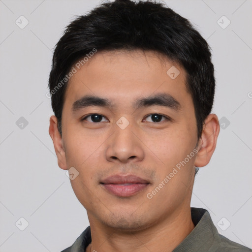 Neutral asian young-adult male with short  black hair and brown eyes