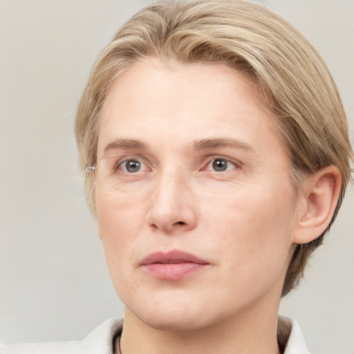 Joyful white adult female with short  brown hair and grey eyes