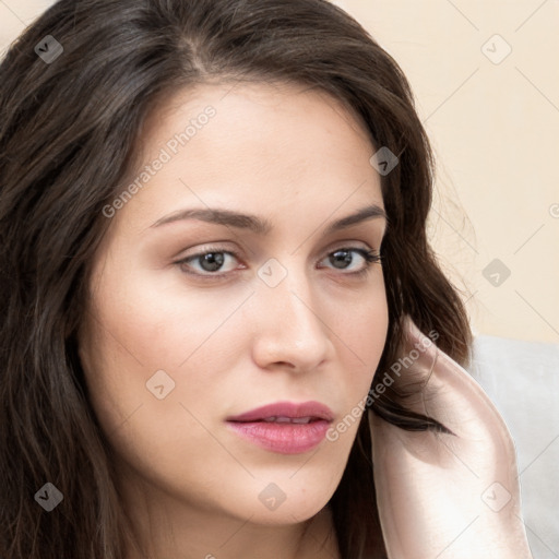 Neutral white young-adult female with long  brown hair and brown eyes