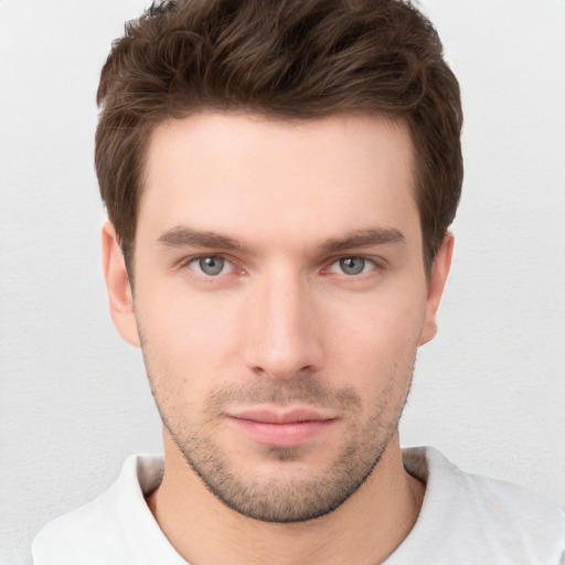 Neutral white young-adult male with short  brown hair and brown eyes