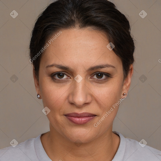 Joyful white adult female with short  brown hair and brown eyes