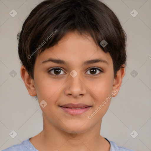 Joyful white child female with short  brown hair and brown eyes