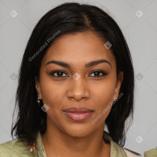 Joyful black young-adult female with medium  brown hair and brown eyes